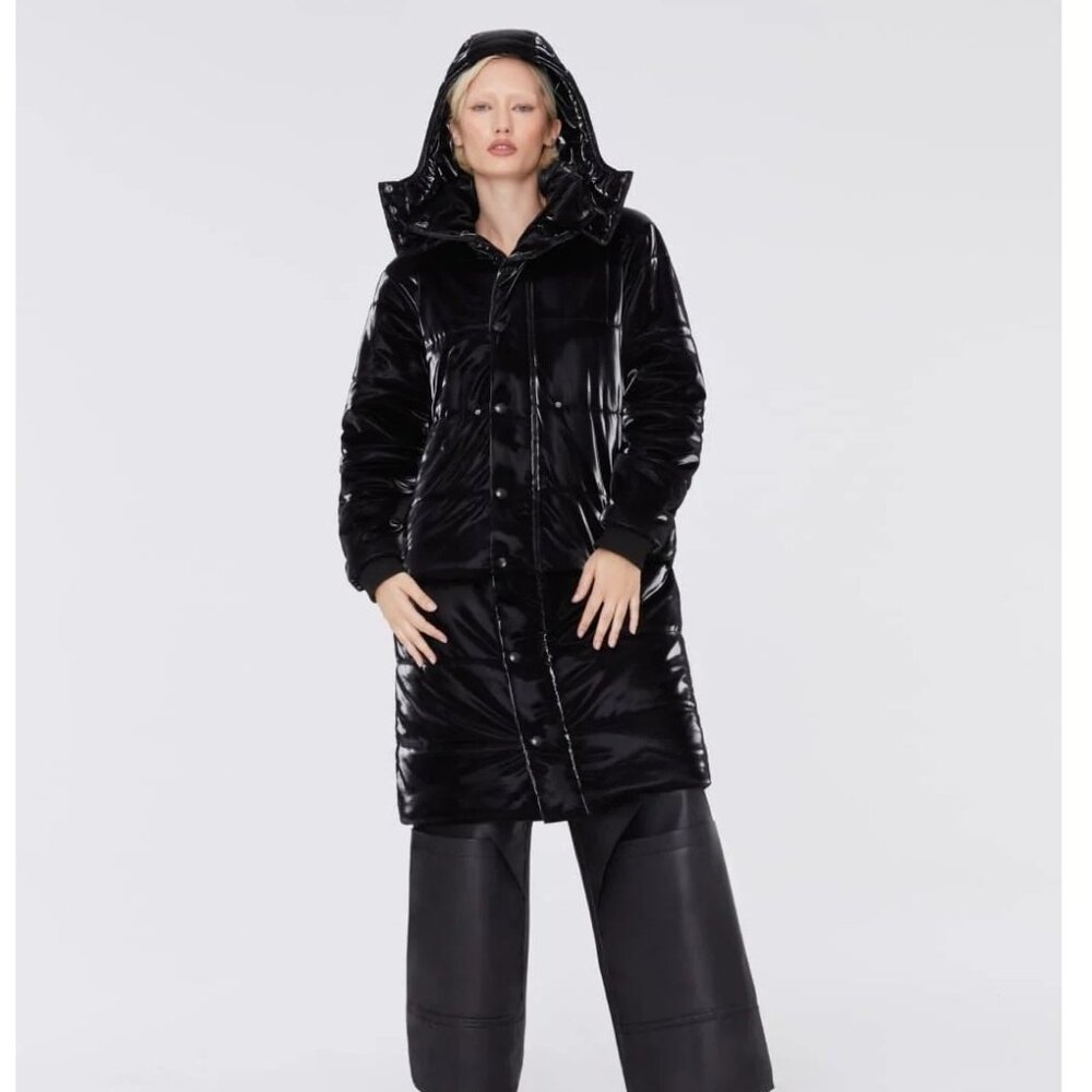 NWT Sans Gene Long Quilted Shiny Black Puffer Jacket Women's Small Men's XXS